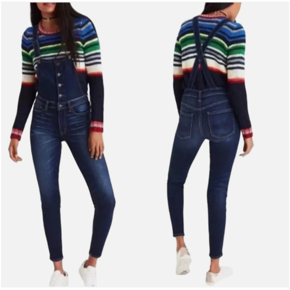 AMERICAN EAGLE Outfitters Next Level Stretch Denim Overalls Jegging Size 12L B8 - Picture 1 of 9